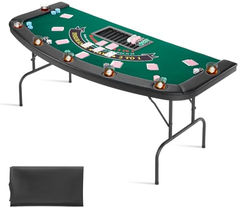 VEVOR Table de Poker Pliable de 183 cm pour 7 Joueurs, Table de Casino pour Blackjack et Texas Holdem, avec Rails Rembourrés et Porte-Gobelets, pour Jeu de Cartes, Jeu de Société, Maison, Bar