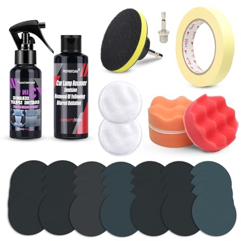 Headlight Restoration Kit 38 Pieces, Universal Car Headlight Repair & Polishing Kit, with UV protection, Polishing Paste, Adapter, Sanding Discs in 7 Grit Sizes