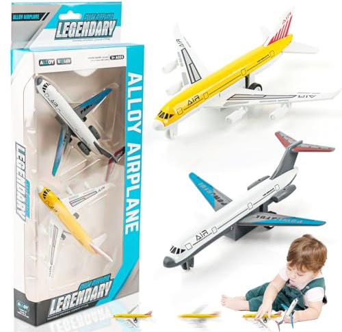 Avión de juguete, mini modelo de avión, coche de juguete para niños con función de retracción, juguete coleccionable en miniatura, regalos para niños a partir de 3 años, 2 unidades (blanco y amarillo)