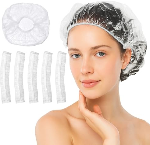 100Pcs Shower Caps Disposable, Disposable Shower Caps for Women, Large Thick Waterproof Shower Cap, Plastic Elastic Hair Bath Caps for Hair Treatment for Salon, Spa, Travel, Home Use, Hotel (White)