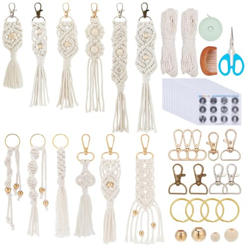INFUNLY 11 pz/set Boho fai da te macramè portachiavi kit per adulti bianco fai da te macramè kit di creazione di perline in legno inverno mini macramè portachiavi set con nappe istruzioni per chiavi