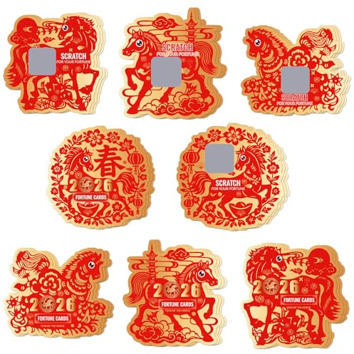 24Pcs Chinese New Year Scratch Off Fortune Cards 2026 Year of The Horse Style Scratch Off Fortune Cards-Families Reunion Game -Chinese Elements Lucky Blessing Card