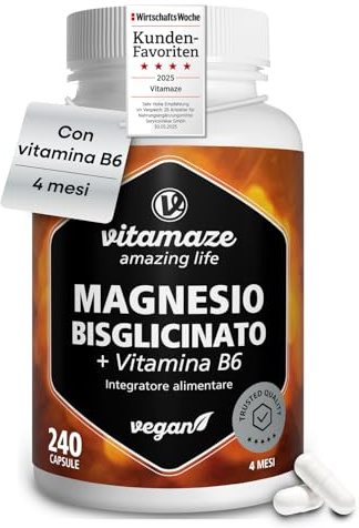 Magnesio Bisglicinato con Vitamina B6, 240 capsule per 4 mesi, Benessere quotidiano, Riposo e Funzionalità Muscolare, solo 2 capsule al giorno, prodotto in Germania