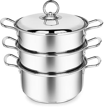 Penguin Home 3 Tier Stainless Steel Food Steamer Pan Set, Induction Safe Stainless Steel Lid with Knob, Sturdy Steel Handles, Kitchen Pan Steamer Set for Cooking, (20 Cm) Silver