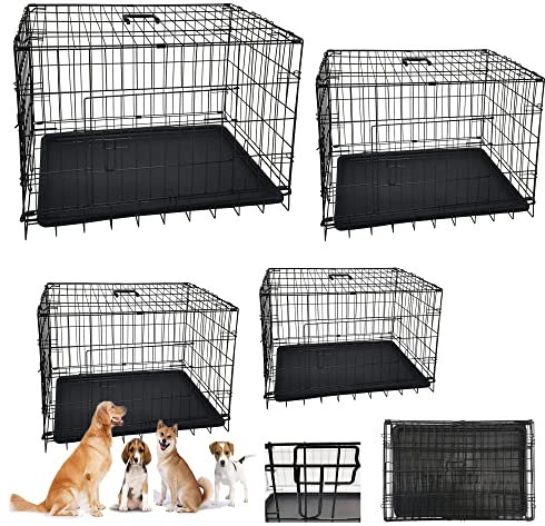Small/Medium Dog Cages Puppy Dog Crate Small 24 inch Black Folding 2 Doors 2 Locks Crate Heavy Duty Animal Transport Pet Carrier With Removable Plastic Tray & Carrying Handle