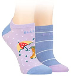 ELLE Ladies Plain Patterned and Striped Bamboo No Show Socks Pack of 2 Bluebell Patterned 4-8