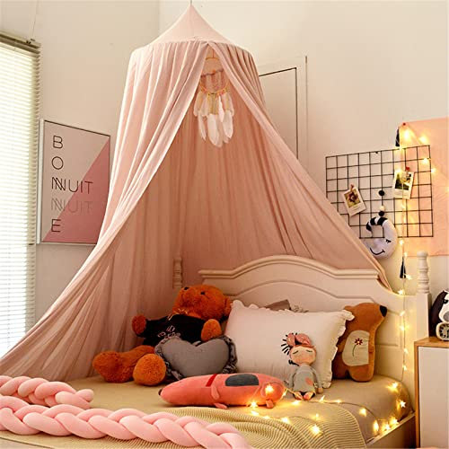 Surwin Bed Canopy for Girls Boys Kids Single Double, Solid Color Round Dome Bed Canopy Mosquito Net Protection Canopy Play Tent Bedroom Nursery Decoration Hanging Curtain Net (Light Pink)