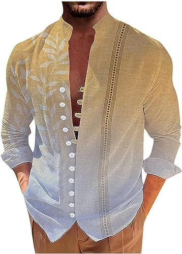 Camisa de lino de manga larga para hombre, con botones, ajuste holgado, cuello de banda, alta elasticidad, camisa Henley, Hoja amarilla rayada, 4X-Large