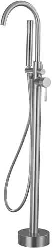 VALAZ Mitigeur Baignoire sur Pied | Mitigeur d'Eau Chaude et Froide, Économiseur d'Eau, Installation Facile et Rapide, Acier Inoxydable, Col de Cygne Rond, Acier Brossé Protection PVD, Série Ebro