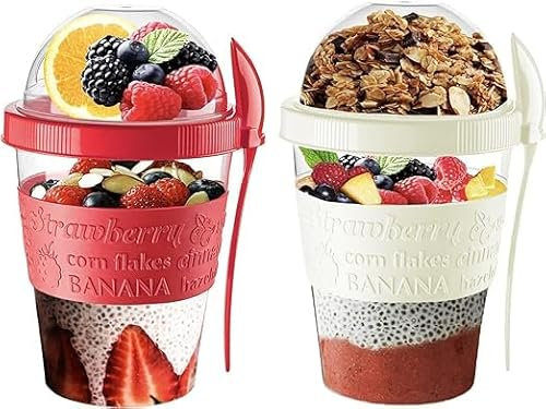 VL Yogurt Pots Spoon Reusable 600ML Overnight Oats Muesli Cup with Lid BPA free Breakfast Cereal To Go Dishwasher Safe Snack Lunch Oatmeal Jars Travel Meal Food Container 20 oz (Red,Cream)