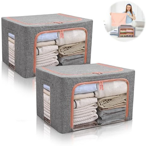 Oemmn 2 Stück Aufbewahrungstasche mit Metallrahmen Faltbare Kleideraufbewahrung Box mit Reißverschlüss Aufbewahrungsbox kleidung Stabile Aufbewahrungs Boxen für Kleidung Stapelbare Kleiderboxen
