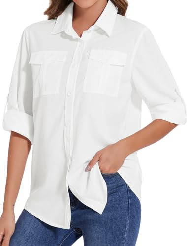 Tuopuda Camicia Donna Estiva UPF 50+ Camicetta Protezione Solare Maglietta a Manica Lunga Safari Blusa con Bottone Traspirante per Pesca Escursionismo Mare Spiaggia Piscina, Bianco, M