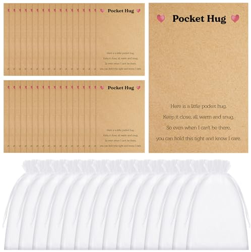 Zeyune 100 Sets Pocket Hug Cards Bulk Blank Pocket Hug Heart with Organza Bags DIY Handmade Craft Kit Mini Keepsake Supplies for Coworker Family Friends Birthday Party Favors(Kraft)