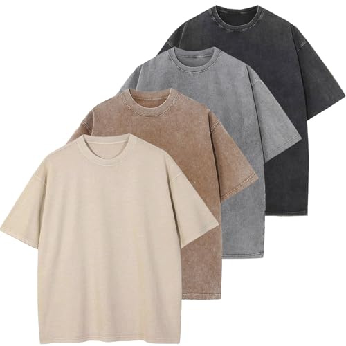Oversized t-shirt för män retro tvättad topp bomull överdimensionerad unisex mode hip hop vintage t-shirts, Brun/beige/grå/svart, XL