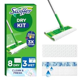 Swiffer Balai Attrape-Poussière Kit de Démarrage Complet avec 1 Balai + 8 Lingettes Sèches Propre & Frais + 3 Lingettes Imprégnées pour Parquet, Sans Résidus, Idéal pour Poils d'Animaux