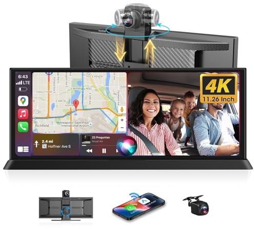 11,26 Pulgadas HD Táctil Car Play Coche, 4K Pantalla Carplay Coche con 350° Cámara Frontal 64G Tarjeta SD Pantalla Carplay Android Auto, Car Play Co.che para Navegación GPS G-Senor Grabación en Bucle