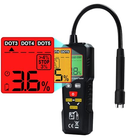 Testeur d'Humidité du Liquide de Frein DOT3/DOT4/DOT5.1 Détecteur d'Huile de Frein 0-4% avec Lampe de Poche LED, Indicateur de Couleur et Alarme Sonore Outil de Diagnostic pour Voitures et Motos