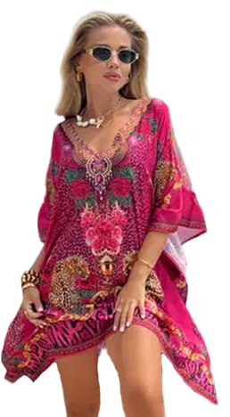 Trillion London Women's Viscose Cotton Kaftan Beach Cover Up Maxi Dress | Bikini & Swim Cover Up | Holidays Loungewear | Women Swimwear | UK 6 to 14 Fuchsia Multi