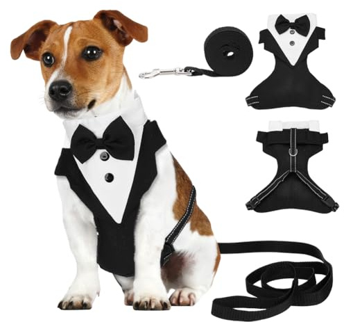 NBEADS Harnais de Smoking pour Chien, Harnais de Poitrine pour Chien avec Laisse Réglable et Nœud Papillon pour Anniversaire Mariage Promenade, Noir, 25x22x1.6cm