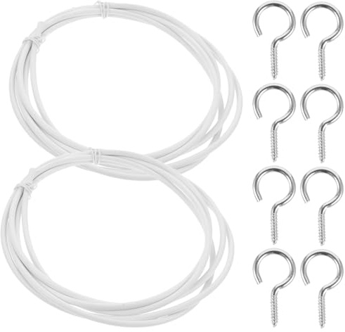 Gadpiparty Kit de Cable para Cortinas Alambre de Acero Recubierto de PVC de 2 Metros 4 Ganchos Forma de Signo de Interrogación y 4 Cáncamos Tipo Ojo de Cerradura Sistema Flexible para