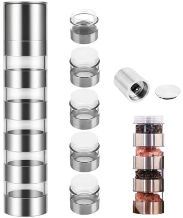 OXDASW 5 in 1 - Spargispezie da campeggio, in acciaio inox, con macina spezie, per viaggi, casa, cucina, cucina, bistecca, barbecue (20 ml)
