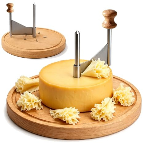 Rallador de queso redondo de madera para queso Tête de Moine, diámetro 22 cm x 14,3 cm, raspador de queso giratorio con hoja de acero inoxidable, cortador de queso para flores de queso y chocolate