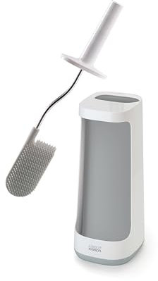 Joseph Joseph Flex Plus - Smart Hygienic Silicone Toilet Brush with Storage Bay Caddy, flexible, anti-drip, anti-clog deep clean head - Large, White/Grey