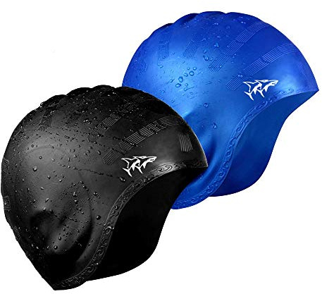 Swim Cap for Long Hair 2 Pack Thicker Design Solid Silicone Waterproof Swimming Caps for Woman Adults and Men (Black+Blue)