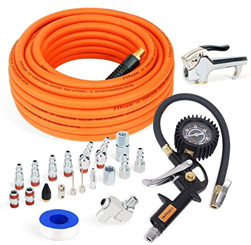 FYPower 22 Pieces Air Compressor Accessories kit, 3/8 inch x 50 ft Hybrid Air Compressor Hose Kit, 1/4 NPT Quick Connect Air Fittings, Tire Inflator Gauge, Heavy Duty Blow Gun, Swivel Plugs