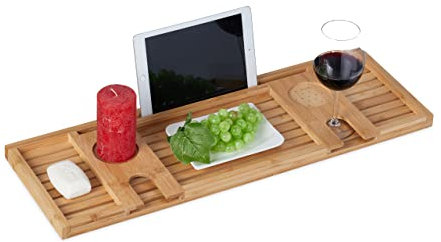 Relaxdays Badewannenablage Bambus, 73,5 cm breit, Badewannenbrett mit Glas- & Tablethalter, Badewannentablett, Natur