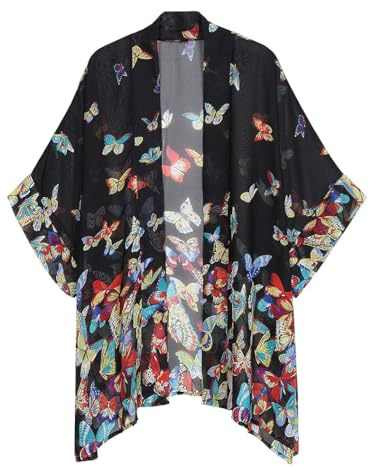 Kimono de gasa bohemio para mujer, para cubrir la playa, bikini, chal, blusa para traje de baño, ropa de playa, Negro con mariposas de colores, talla única