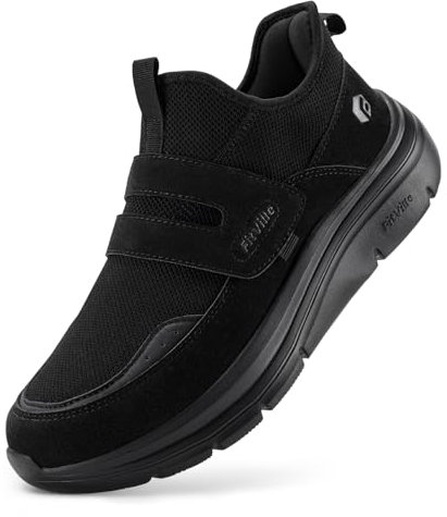 FitVille Men's Extra Wide Width Slip-on Trainers with Adjustable Straps, Easy on & Off Comfortable Walking Shoes for Swollen Feet, Cloud Wanderer V5 X-Wide 12 UK Jet Black