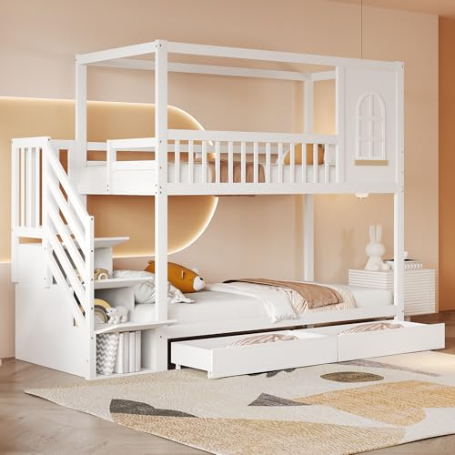 Moimhear Letto a castello per bambini 90x200 cm, letto matrimoniale in legno massiccio, a forma di casa con finestre, con cassetti portaoggetti e scala di sicurezza (bianco)
