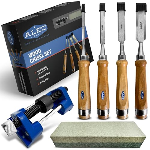 Alec Tools Wood Chisel Set Carpenter Tools – 4Pcs Beech Wood Carving Set with Sharpening Stone, Honing Guide – Woodworking Chisels with Pre-Sharpened Steel Blades – Ideal for Pros, DIY, Hobby