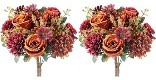 HUAESIN 4Pcs Künstliche Blumen Chrysantheme Kunstblumen Rose Seidenblumen Herbst Blumenstrauß Unecht für Hochzeit Party Halloween Vase Tischdeko Thanksgiving Dekoration Orange