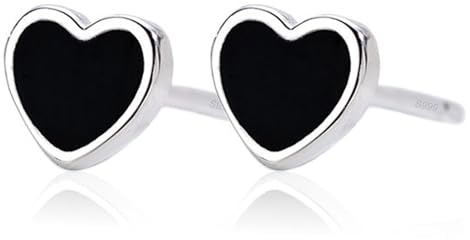 Pendientes con forma de corazón negro para mujer, plata de ley S999, pequeños pendientes sencillos en forma de corazón, pendientes de corazón negro para niñas, regalo minimalista de cumpleaños para