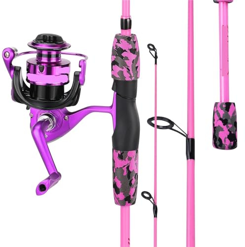 ZWCSHUU Angelruten-Kombination, 1,66 m, 5 Abschnitte Rute und 5,2:1 Getriebe Retio Spinnrolle for Meerwasser-Süßwasser-Angelset Angelruten Kombi-Set(2000 Reel,Pink)