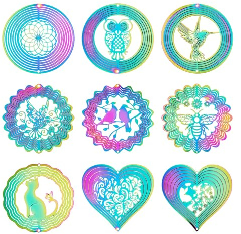 Elecrelive 9Pcs Stainless Steel Filigree Charms Colorful Wind Chime Pendants Etched Metal Embellishments for DIY Jewelry Home Party Car Decorations