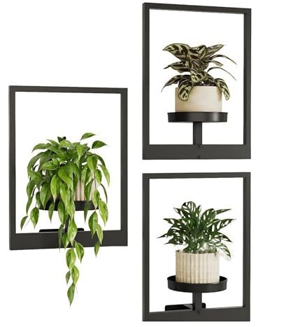 Gattregh Lot de 3 Étagères Murales pour Plantes d'Intérieur, Support Mural en Métal Noir avec Cadre, Jardinière Suspendue Décorative pour Salon, Bureau, Cuisine, Balcon et Terrasse