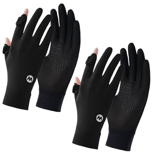 HIVTE, 2 paia di guanti donna anti-UV, seta fredda, touchscreen antiscivolo, per ciclismo, guida, pesca, golf, corsa, colore nero