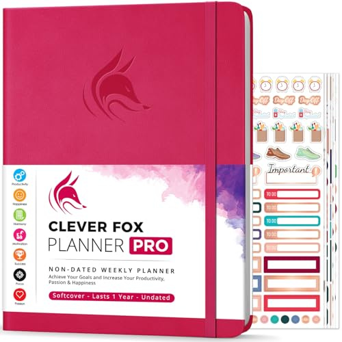 Agenda Clever Fox PRO - Agenda de vie hebdomadaire et mensuel pour augmenter la productivité, la gestion du temps et atteindre vos objectifs - Organisateur, Durée 1 an - A4, Non daté (Rose foncé)