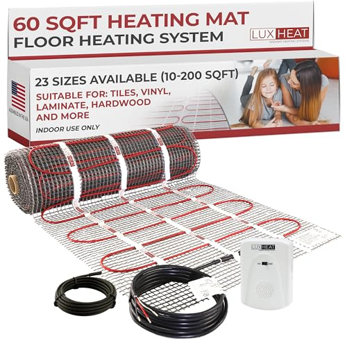 LuxHeat 60sqft Floor Heating Mat Kit - 240v Under Tile Heating System - Includes Installation Monitor & Sensor - Easy to Install Electric Radiant Heated Flooring System for Tile, Vinyl, Laminate