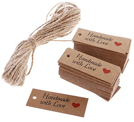 100 mini etichette per regali, 5 x 2 cm, Handmade with Love, etichette in carta kraft rustiche per bomboniere, con spago di iuta da 5,5 m