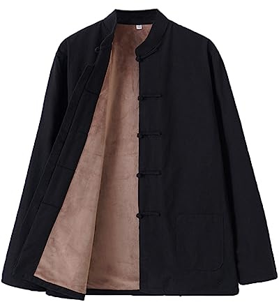 Hiver Coton Tang Costume Hommes Plus Velvet Tai Chi Uniforme Manches Longues Chinese Vêtements Traditionnels Chinois Tops, Hanfu Veste Kung Fu Vêtements Costume D'ar Black-XL