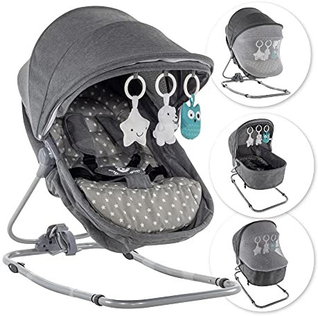 Engel & Storch Babywippe PAVO Baby Schaukelstuhl Babywiege mit abnehmbarem Bezug, Moskitonetz und Spielebogen - Grau - Grau mit Sterne