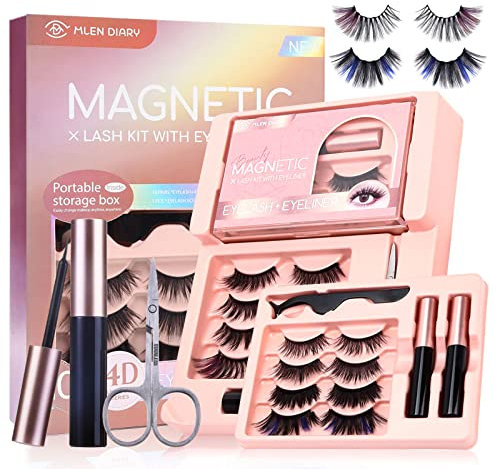 Mlen Diary Magnetische Wimpern mit Eyeliner und tragbarer Box Gemischte 10-Stile Magnetische Falsche Wimpern Natural Look Wimpern 10-Paare (8 schwarz+ 2 Farbe)