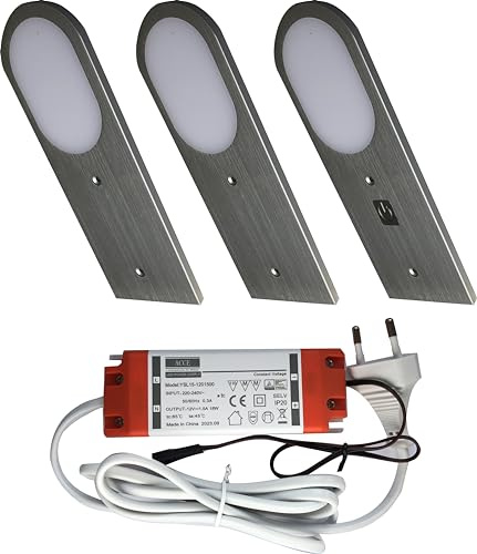 ACCE Lámpara de pared empotrada de aluminio para cocina, muebles de cocina, sumidero fino, con convertidor con sensor táctil, regulable, blanco neutro o blanco cálido (juego de 3, blanco cálido)