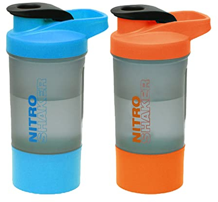 2 x Protein Shaker Bottle 600ml with Leakproof Screw Lid, Steel Mixing Ball & Storage Compartment Gym/Sports Shaker Drink Bottle for Protein Shakes BPA Free Protein Powder Shaker Cup (Blue + Orange)