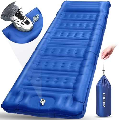 ZHHGOO Liggmatta Självuppblåsande Camping, Liggmatta Ultralätt 1200g med fotpresspump, Självuppblåsbar Liggmatta Utomhus Vikbar med kudde för Camping Vandring Bilturer Tält, Blå