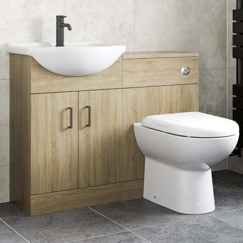 Affine® 1050mm Bathroom Furniture Combination Set with Vanity Unit Wash Basin Storage Cabinet, WC Toilet Back to Wall Units, Pan & Cistern Pack, Soft Close, Oak Effect